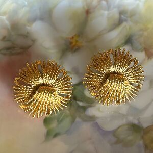 Vintage Monet Cordelia Gold Plated Enamel Pierced Chrysanthemum Earrings